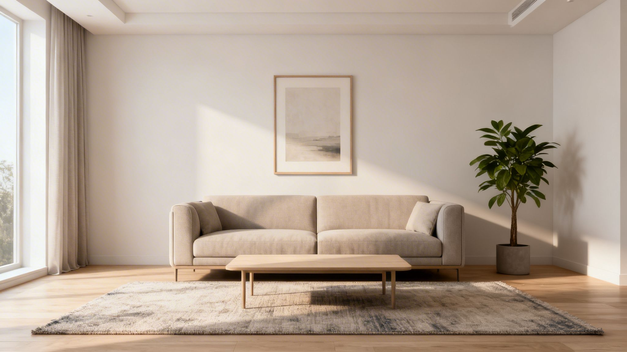 A modern, bright living room featuring a beige sofa, wooden table, and natural light.