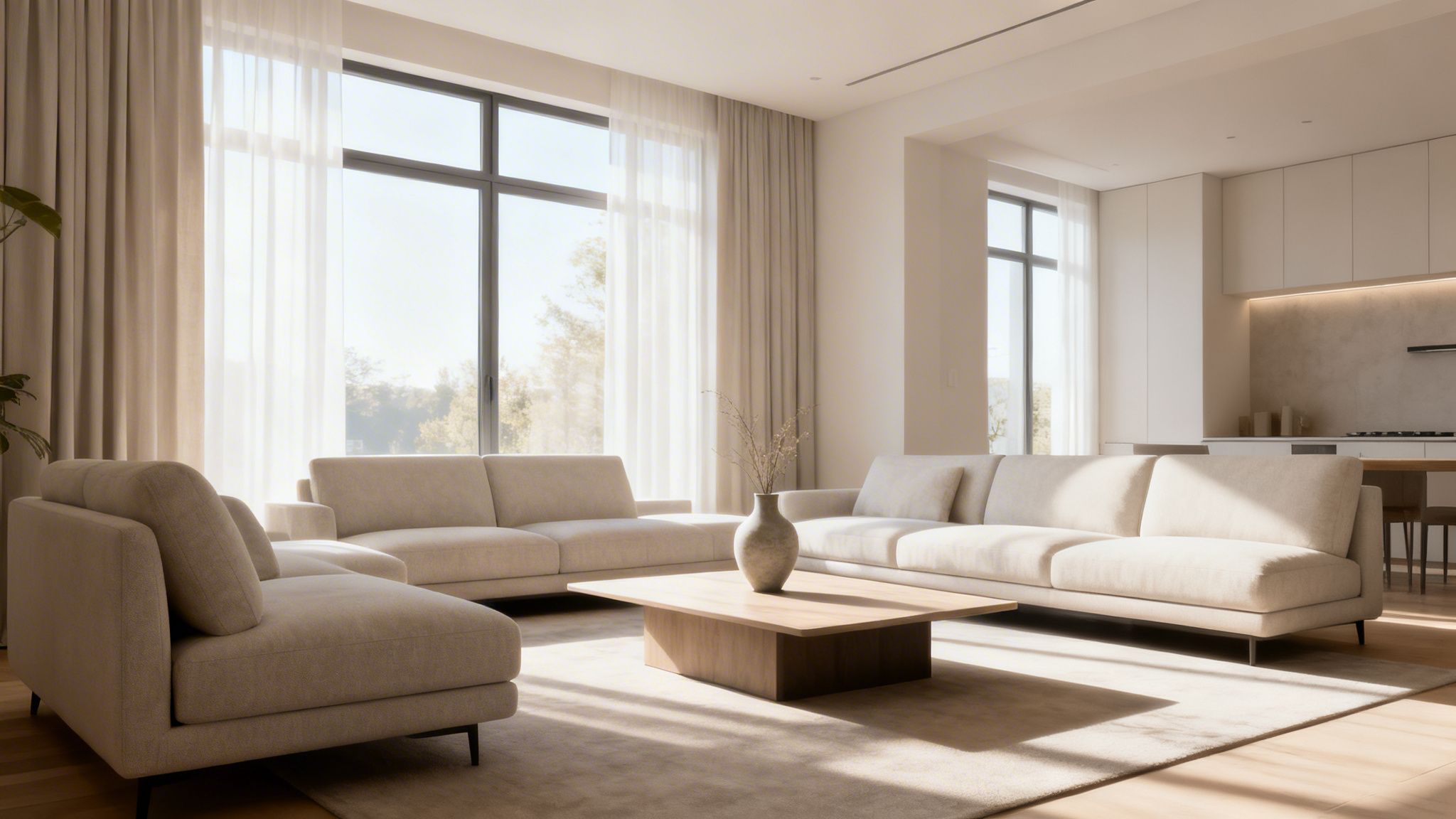Modern living room with light fabric sofas, wooden coffee table, and large sunlit windows.