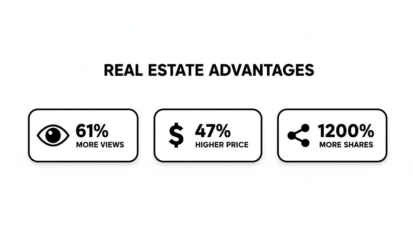 Infographic showing real estate advantages: 61% more views, 47% higher price, and 1200% more shares.