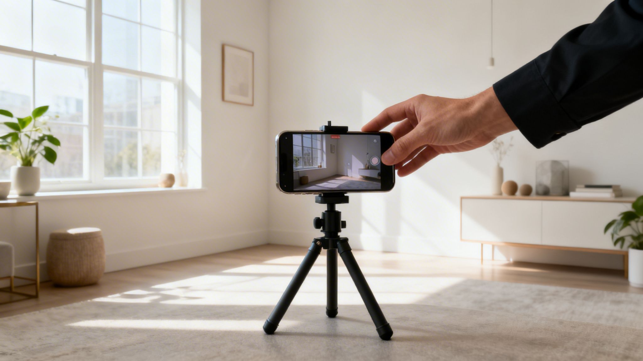 A hand adjusts a smartphone on a tripod, recording an empty, sunlit modern room.